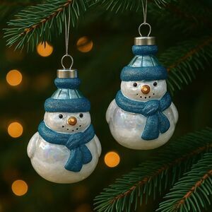 Lot of 2 glass chickadee ornaments with scarves and hats. Faux snow in bottoms.